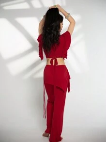 女士肚皮舞服装套装短袖上衣 + 开衩结裙 2 件套东方肚皮舞专业服装 - 酒紅色 - 查看 5