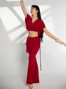 女士肚皮舞服装套装短袖上衣 + 开衩结裙 2 件套东方肚皮舞专业服装 - 酒紅色 - 查看 3