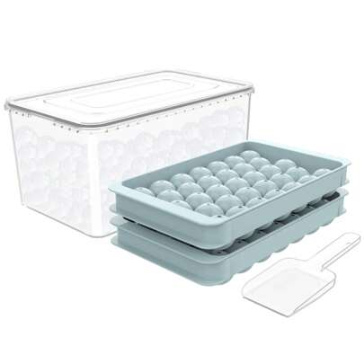 Lechay Round Ice Cube Tray With Lid & Bin Ice Ball Maker Mold For Freezer With Container Mini Circle Ice Cube Tray Making 66PCS Sphere Chilling Cocktail Whiskey Tea Coffee (2 Trays 1 Ice Bucket & Scoop), Summer Ice Bin & Tray, Kitchen Accessories