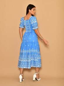 Helena Crepe Printed Midi Dress With Short Sleeves - Baby Blue - View 5