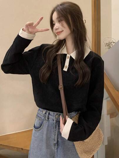Contrast Collar Drop Shoulder Sweatshirt For Spring And Autumn,Long Sleeve Tops