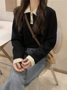 春秋季撞色领落肩运动衫，长袖上衣 - 黑色 - 查看 5