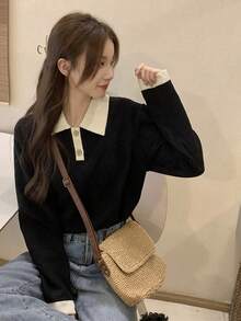 春秋季撞色领落肩运动衫，长袖上衣 - 黑色 - 查看 4