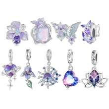 bamoer Bijou Bamoer en argent sterling 925 Charm de fleur de lotus en forme de cœur, avec étoiles violettes, lune et pendentif en zirconium. Convient pour les femmes, pour bricoler des bracelets, colliers. Idéal pour la Saint-Valentin