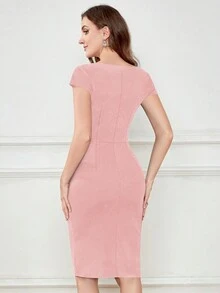MIUSOL Solid V-Neck Ruffle Trim Wrap Hem Cocktail Party Fitted Dress Wedding Guest Dress - Pink - View 3