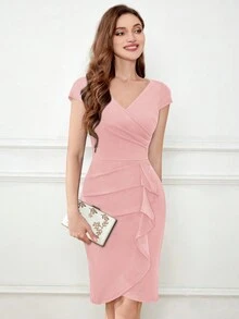 MIUSOL Solid V-Neck Ruffle Trim Wrap Hem Cocktail Party Fitted Dress Wedding Guest Dress - Pink - View 7