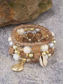 4 piezas Pulseras de estilo bohemio con cuentas de cristal y colgante de concha, recuerdos para vacaciones en la playa