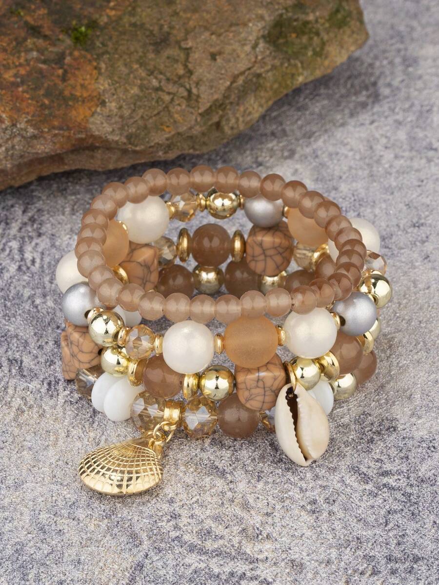 4 piezas Pulseras de estilo bohemio con cuentas de cristal y colgante de concha, recuerdos para vacaciones en la playa