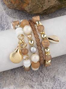 4 piezas Pulseras de estilo bohemio con cuentas de cristal y colgante de concha, recuerdos para vacaciones en la playa