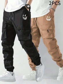 Tween Boy Casual, Fashionable Printed Drawstring Cargo Pants, Spring & Summer - Black - View 1