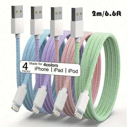 1pc/4pcs A Packet Of 2m/6.6ft/78.74in[MFi Certified]Super Long Charger Cable Multi-Color USB Fast Charging Cord Nylon Braided Data Synd Transfer Lead Compatible With Iphone 14/13/12/11 Pro Max/XS MAX/XR/XS/X/8/7 Plus - Macaroon Color Compatible With IPhone 14 Pro Max, 14 Pro, 14 Plus, 13 Pro Max, 13 Pro, 13, 12 Pro, 12, 11, XS, XR, 8 Plus, 8, 7, 6, 5, SE, Compatible With IPad Lightning