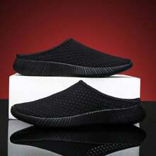 男女通用夏季休闲网眼一脚蹬穆勒鞋、露背乐福鞋、轻便透气步行鞋 - 黑色 - 查看 3