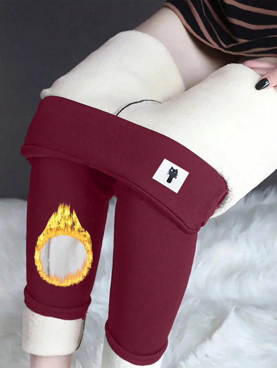 1pc Cat Women Running Sport Leggings Breathable High Waist Plush Yoga Pants Outdoor Cycling Running Fitness Skiing Tights - Màu Đỏ Sâu - Xem 1