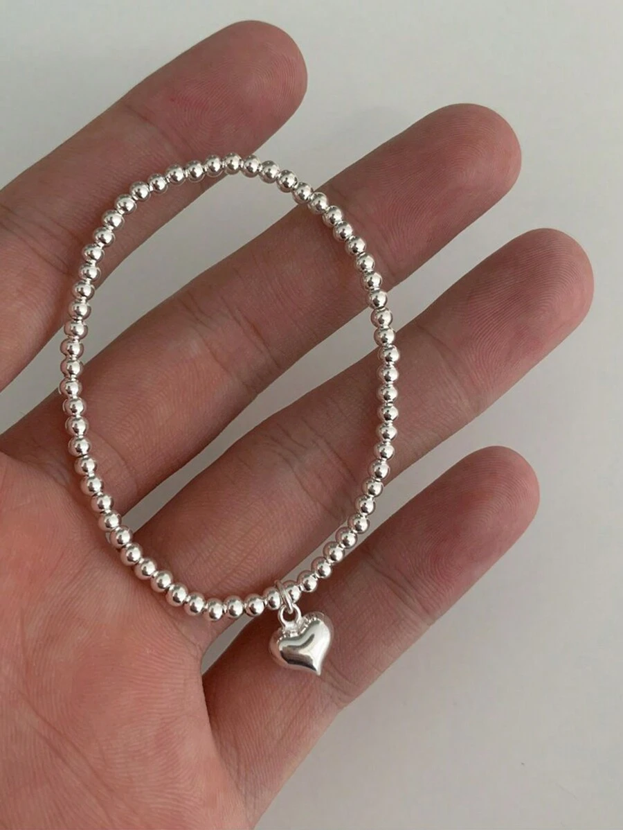 1 件 S925 纯银心形珠子弹性手链 - 銀色 - 查看 1