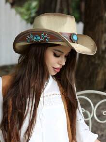 男女款西部牛仔帽复古刺绣花卉草编牛仔帽骑士帽户外登山遮阳帽（收到货后帽檐如果变形需要手动调整回去） - 彩色 - 查看 3