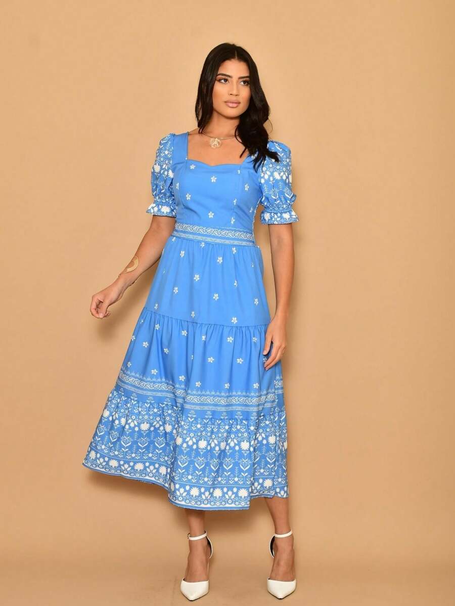Helena Crepe Printed Midi Dress With Short Sleeves - Baby Blue - View 1