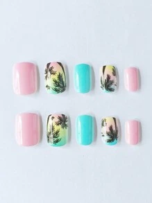 24 piezas Puntas de uñas cortas y cuadradas de unicolor, simples y elegantes, en color azul y negro, adecuadas para patrones de playa, cielo y árbol de coco, ideales para vacaciones, bodas, fiestas y uso diario (incluye lima de uñas y pegamento) - Multicolor - Ver 2
