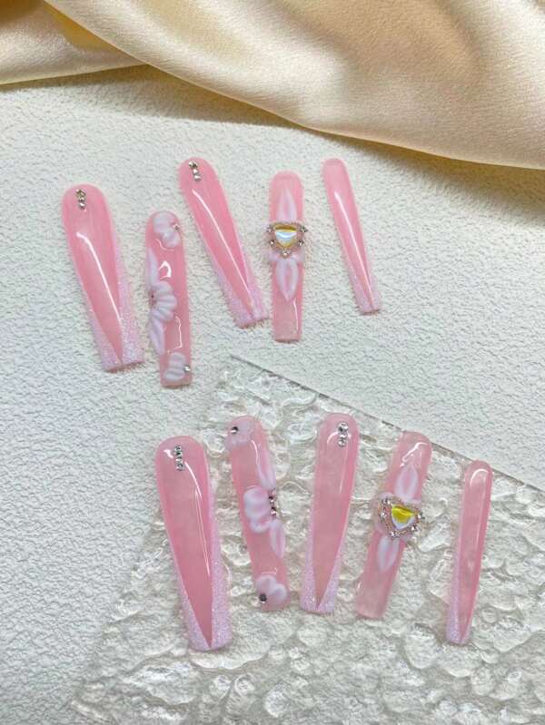 Ulepsz urok 10 sztuk Czysty ręcznie robiony pancerz w kształcie trumny Gwoździe ręcznie malowane Głębokie V Cukier puder Ręcznie robiony trójwymiarowy rzeźbiony kryształ miłosny Może być wykonany jako prezent urodzinowy dla przyjaciół i najlepszych przyjaciół Można ponownie wykorzystać Paznokcie do naklejania Akcesoria do paznokci Paznokcie