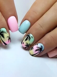 24 piezas Puntas de uñas cortas y cuadradas de unicolor, simples y elegantes, en color azul y negro, adecuadas para patrones de playa, cielo y árbol de coco, ideales para vacaciones, bodas, fiestas y uso diario (incluye lima de uñas y pegamento) - Multicolor - Ver 1