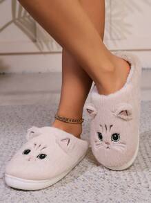 Women's Stylish Everyday Cute Owl Design Plush Cozy Warm Anti-Slip Winter Cartoon Cat Head House Slippers - Khaki - View 5