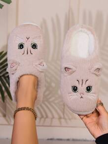 Women's Stylish Everyday Cute Owl Design Plush Cozy Warm Anti-Slip Winter Cartoon Cat Head House Slippers - Khaki - View 6