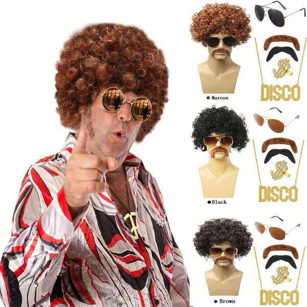 6 szt. Zestaw kostiumów z peruką w stylu lat 70. i 80. Disco, zawiera krótką perukę z kręconymi włosami Disco Hippie, okulary przeciwsłoneczne Disco, wąsy i naszyjnik ze sztucznego złotego łańcuszka na imprezę Disco Men, na przebieranki na Halloween