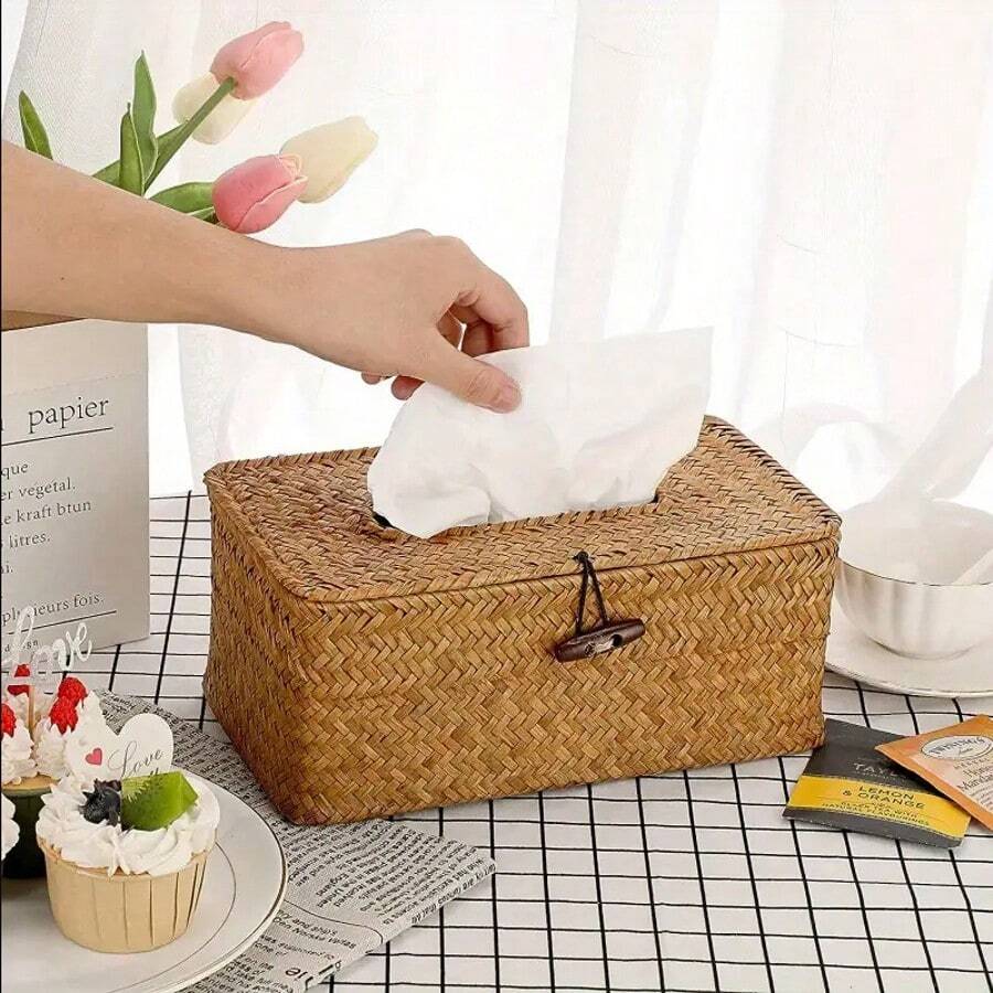 1pc Seagrass Woven Tissue Box, Multifunctional Rattan Paper Towel Holder For Dining Room, Living Room, Vintage Handmade Woven Storage Basket For Tissue, Desktop Organizer, Japanese Style, Home Stuff, Table, Home Decorations, Home Organization And Storage, Room Decor, For Home Kitchen Bedroom Living Room Dining Room, Home Decoration Accessories, Decorative Box,Women Wedding Gift,Summer Travel Holiday Festival Must-Have