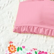 2024 New Tween Girls' Floral Print Ruffle Trim Cute Bikini Set Summer Beach - Pink - View 4