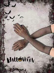 1 Pair Rhinestone Studded Fishnet Gloves, Stretchy Black Rave Dance Gloves For Halloween Or Party - Multicolor - View 3