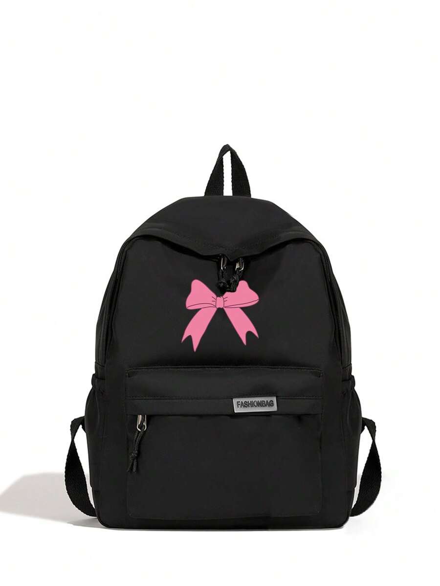 1 件 返校经典基本款潮流大号书包，带笔记本电脑隔层，时尚百搭背包，纯色，带蝴蝶结印花，防水运动包，优质耐用尼龙学校背包，带可调节肩带和宽敞的多个口袋，书包，轻便便携包，休闲旅行背包，非常适合毕业生、女孩和青少年女孩，非常适合户外、旅行、初中、高中和大学 - 黑色 - 查看 1