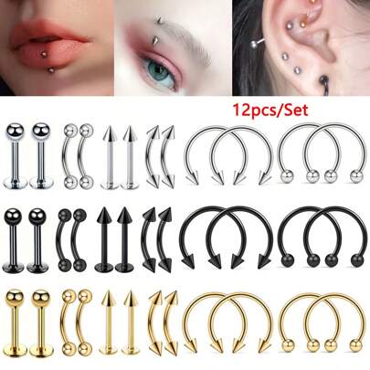 ADYJELY Set de 12 piezas de 16G Pendientes de labio, aro de nariz/ceja, cartílago, trágus, Monroe, triple hélix, concha, Medusa, lóbulo de acero inoxidable hipoalergénico con baño de oro de 18K, bola negra/pico, para mujeres, hombres y adolescentes, 8mm 10mm