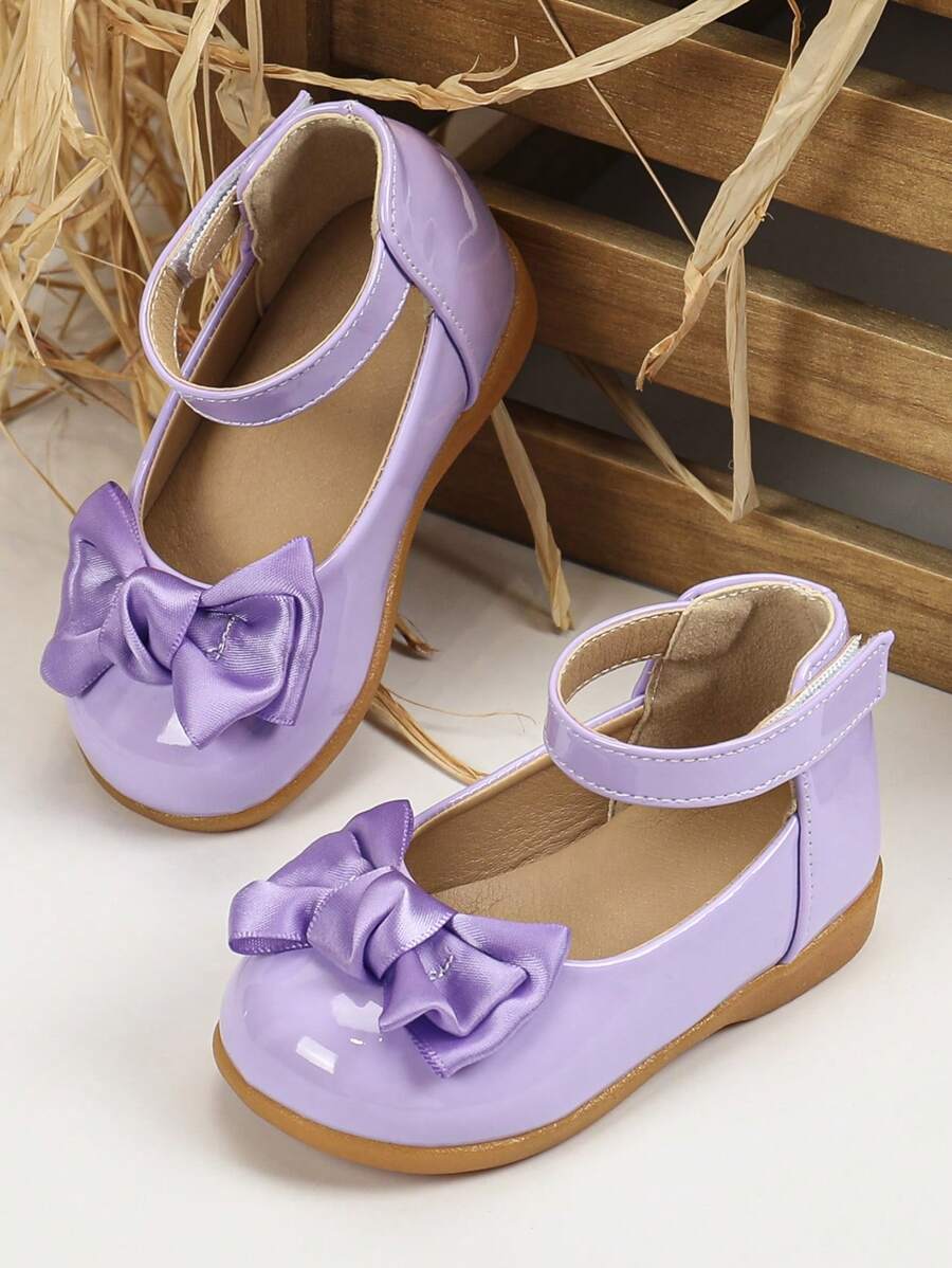 女童公主风格皮革一脚蹬鞋，防滑鞋底，适合幼儿和小女孩的可爱儿童校鞋 - 紫色 - 查看 1