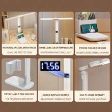1 Pc LED Desk Lamp For Home Office, 3 Lighting Modes Dimmable Table Lamp, Rechargeable Reading Light With Pen Holder And Clock, Adjustable Foldable Desk Lamp For College Dorm Room, Desk Light Touch Control Reading Lamp Office Lamp Night Light For Work Study Craft - White - View 6