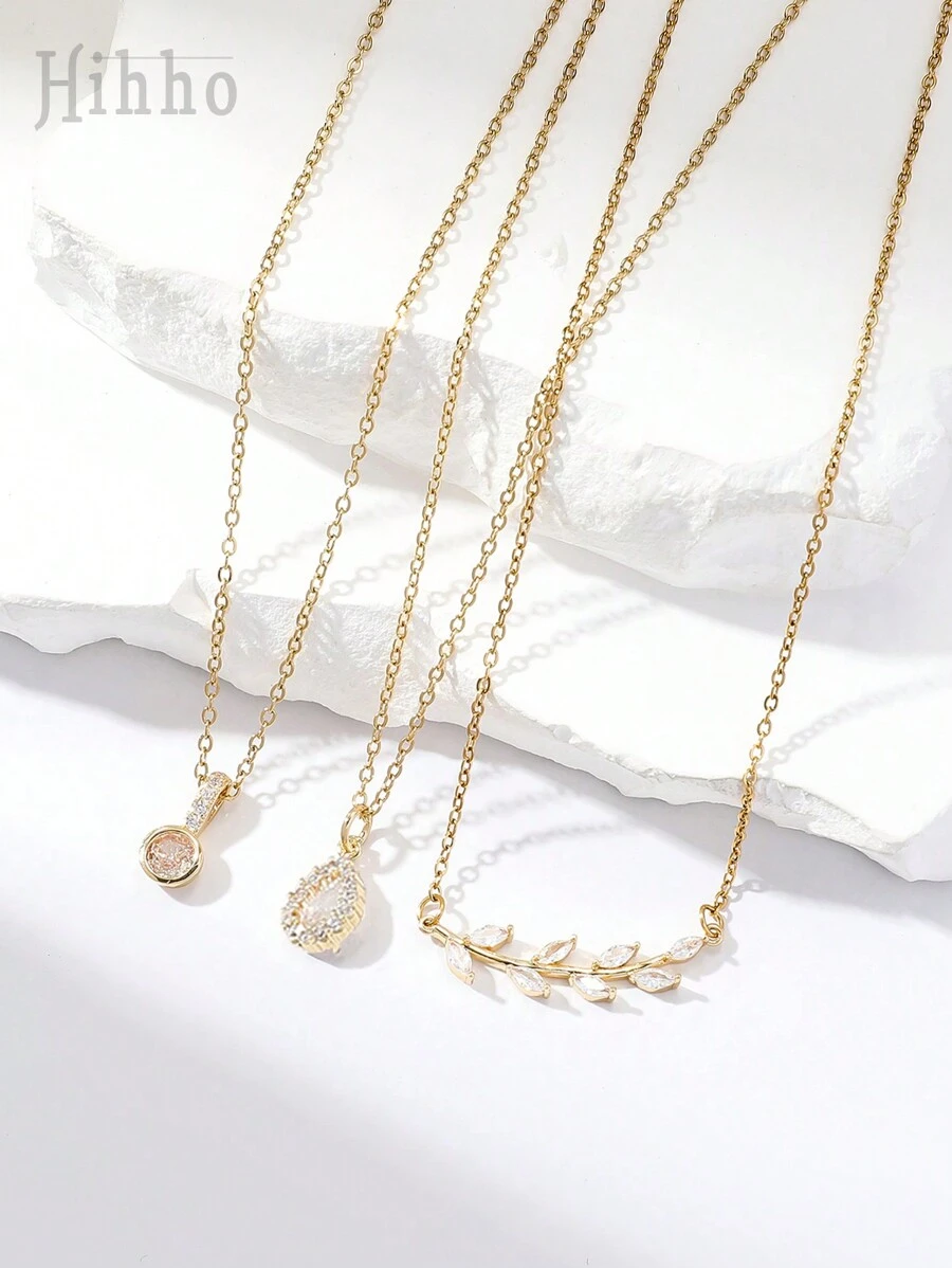 Hihho 3pcs/Set Geometric Waterdrop Cubic Zirconia Embedded Branch Design Personalized Necklace Set, Party Gift For Women - Yellow Gold - View 1