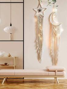 1 PC Dream Catcher Wall Hanging Star Moon Boho Macrame Decor With Tassels, Handmade Bohemian Bedroom Living Room Home Art, Gift For Christmas Birthday Present - Beige - View 3