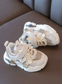 1pair Kids Mesh Breathable Hook & Loop Fastener Fashionable Casual Sports Shoes, Lightweight Soft Sole Anti-Slip Suitable For Spring & Autumn - Beige - View 5