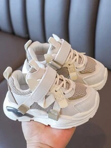 1pair Kids Mesh Breathable Hook & Loop Fastener Fashionable Casual Sports Shoes, Lightweight Soft Sole Anti-Slip Suitable For Spring & Autumn - Beige - View 4