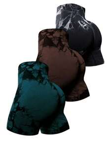 3 Piezas Short Deportivo Tie Dye Pantalones Cortos Gym Yoga levanta gluteo surtido al azar - Multicolor - Ver 2