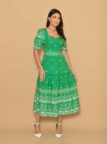 Helena Crepe Printed Midi Dress With Short Sleeves - Green - View 1