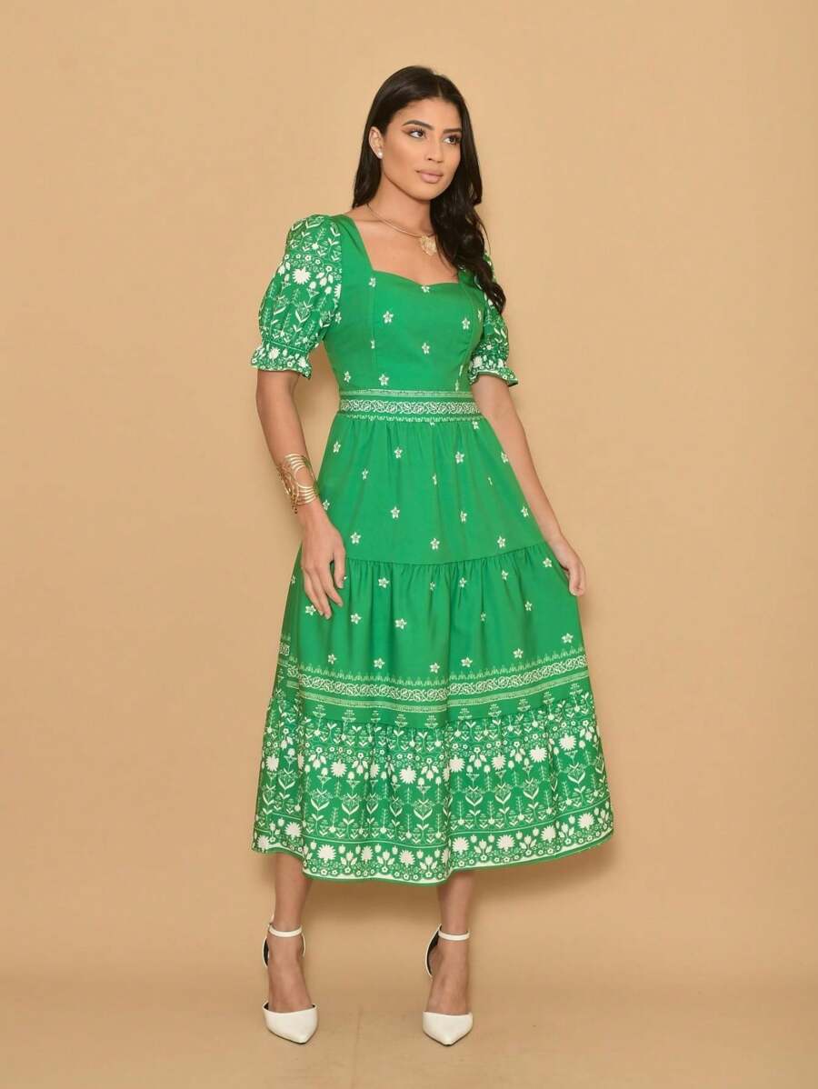 Helena Crepe Printed Midi Dress With Short Sleeves - Green - View 1