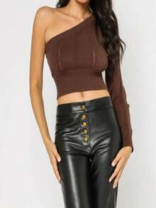 OLIVACEOUS Cropped One Shoulder Sweater - 棕色 - 查看 3