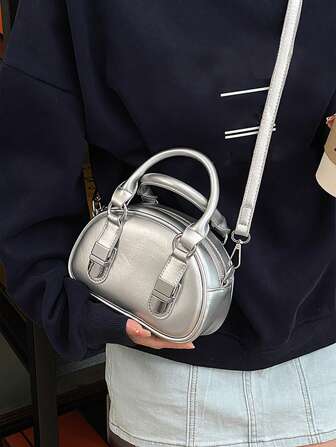 新款时尚大容量休闲百搭迷你保龄球风格女士手提包，简约优雅的设计，可调节肩带，适合办公室女士、大学生日常使用
