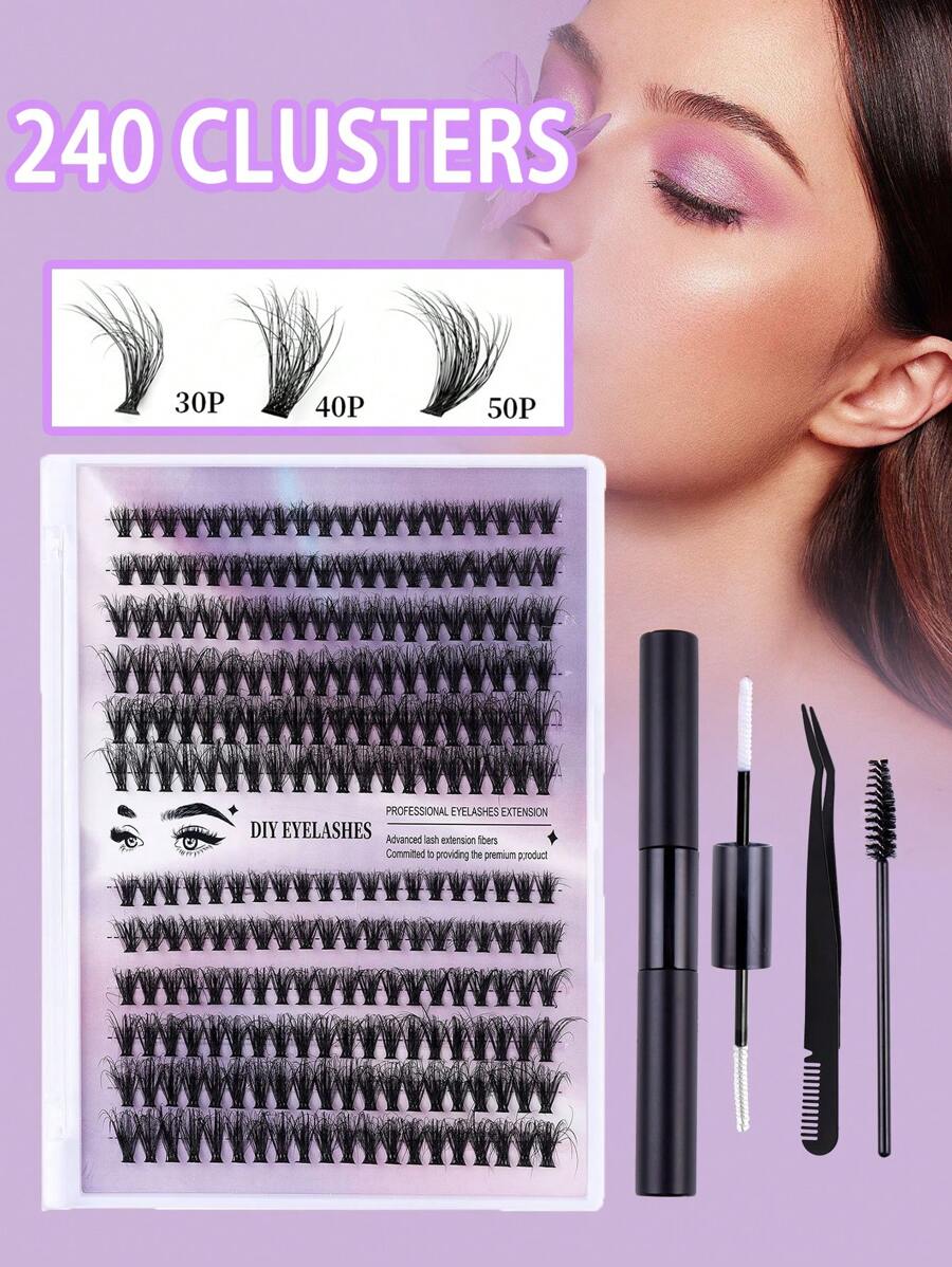 Bộ nối mi 240 chiếc, bao gồm mi cực dài riêng biệt, keo dán mi, dụng cụ bôi, nhíp & mi chùm (Bộ hỗn hợp 0,07mm-30d + 40d+50d-10-16mm) - màu đen - Xem 1