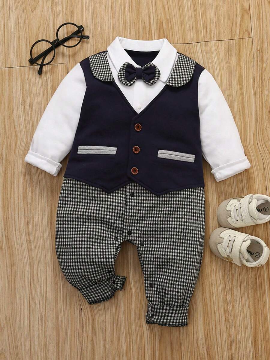 男婴长袖连体衣，配可爱领结，绅士风格，适合圣诞节