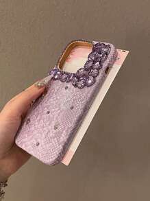 Funda protectora de teléfono de lujo con textura de piel de serpiente rosa brillante, lentejuelas y diamantes de imitación, cobertura completa a prueba de caídas, compatible con la serie 17, regalo de primavera, aniversario, cumpleaños - Púrpura polvoriento - Ver 4