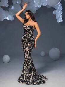 Faeriesty Women Elegant Women's Strapless Maxi Floral Sparkly Sparkly Sequin Party Gown – Color-Blocked Random Motifs, Stretchy Fabric & Form-Fitting Mermaid Skirt | Perfect For Formal Parties, Galas & Upscale Events | Pair With Statement Jewelry & High Heels,Summer Holiday Outfits - Black - View 7