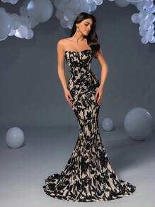 Faeriesty Women Elegant Women's Strapless Maxi Floral Sparkly Sparkly Sequin Party Gown – Color-Blocked Random Motifs, Stretchy Fabric & Form-Fitting Mermaid Skirt | Perfect For Formal Parties, Galas & Upscale Events | Pair With Statement Jewelry & High Heels,Summer Holiday Outfits - Black - View 5