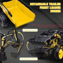 3 In 1 Ride On Tractor,Excavator & Bulldozer,24V Electric Vehicle W/Trailer,Shovel Bucket,Digger,Remote Control,EVA Tires,LED Lights,Music,USB & Bt,Kids Ride On Car - 黃色 - 查看 2