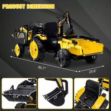 3 In 1 Ride On Tractor,Excavator & Bulldozer,24V Electric Vehicle W/Trailer,Shovel Bucket,Digger,Remote Control,EVA Tires,LED Lights,Music,USB & Bt,Kids Ride On Car - 黃色 - 查看 4