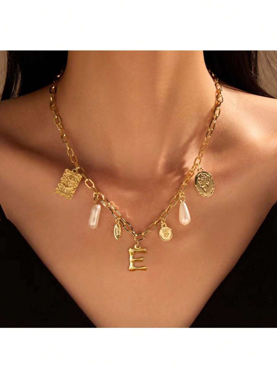 女性迷人項鍊,精緻金色吊墜項鍊,流行吊墜款貝殼海星Puka海灘項鍊,14k鍍金大粗頸鍊,適合少女夏季裝扮 - 金色 - 查看 1